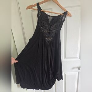 Free People Black Embroidered Netted Top, Tunic Sz M.